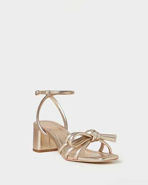 Shop the Mikel Champagne Bow Mid-Heel Sandal at Loefflerrandall.com. Basket Vintage, Mid Heel Sandals, Bow Sandals, Bow Heels, Loeffler Randall, Woven Bracelets, 2 Inch Heels, White Bow, Heel Sandal