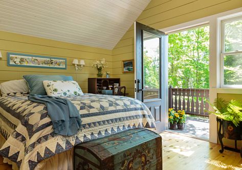 Swedish Cottage in Wisconsin Countryside - Town & Country Living Swedish Cottage, Built In Bed, Rustic Exterior, Beadboard Ceiling, Farmhouse Remodel, Yellow Bedroom, Dreamy Bedrooms, Farmhouse Bedroom, Rustic Bedroom