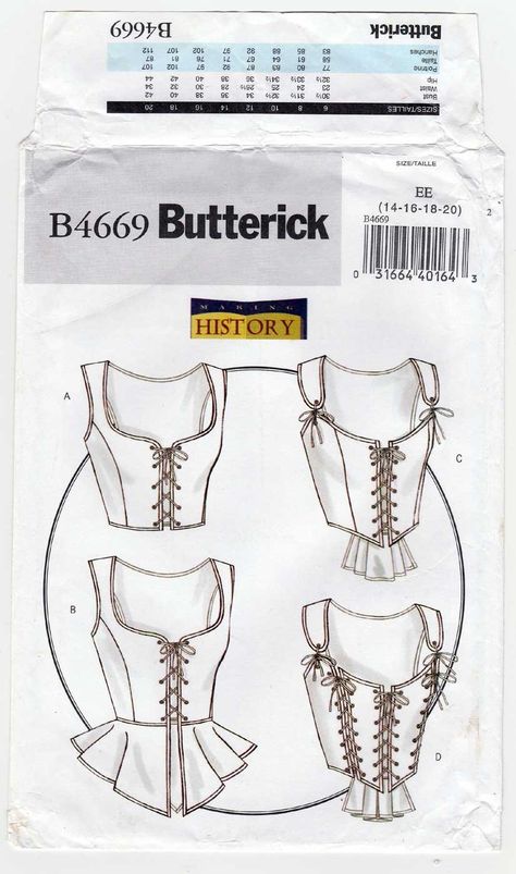 Uncut Butterick B4669 4669  Misses Size: 14 - 16 - 18 - 20 Bust: 36 - 38 - 40 - 42" Waist: 28 - 30 - 32 - 34" Hip: 38 - 40 - 42 - 44"  Women's Corset Sewing Pattern; Lined, close-fitting corset has neck and lacing variations, self binding and purchased eyelets. B: peplum. C, D: pleated back peplum. Peplum Corset, Corset Sewing, Ladies Blouses, Corset Sewing Pattern, Corset Costumes, Corset Pattern, Learning To Sew, Kwik Sew, Sewing Instructions