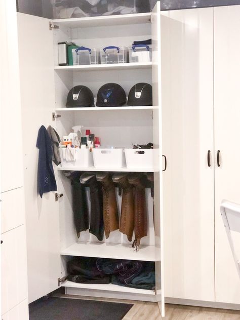 Riding boot storage in the tack room cabinet Stable Storage Ideas, Stable Organization Ideas, Tackroom Storage, Tack Storage, Dream Barn Stables, Tack Locker, Tack Room Organization, Horse Tack Rooms, Tack Box