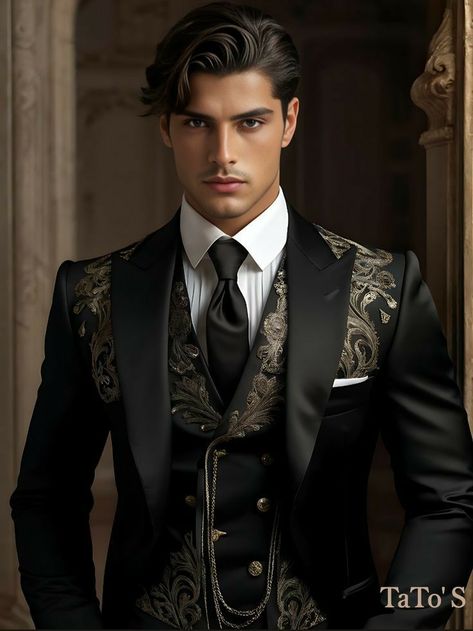 Black And Gold Suit Men, Black Formal Men, Black And Gold Suit, Spanish Costume, Sophisticated Man, Gold Suit, Evening Suit, Paisley Jacket, Spain Madrid