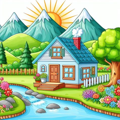 Beautiful Nature Drawings Easy, Scenery For Kids Drawing, Easy House Drawing For Kids, Nature Pictures Drawing Easy, Beautiful Scenery Drawings Easy, Cute Landscape Drawing, Natural Scenery Drawing For Kids, Nature Landscape Drawing Easy, House Scenery Drawing