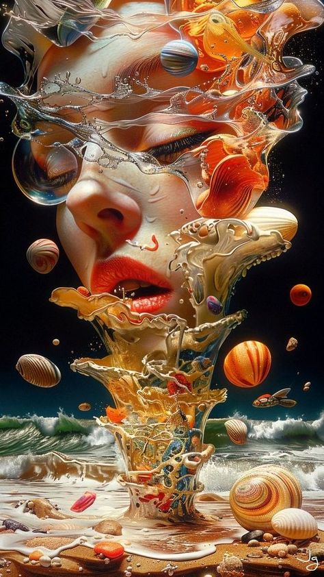 beautiful fantasy ocean whirlpool female face surrealism, trippy surreal photorealism, ocean waves, phone wallpaper, original art by Jeramondo Djeria Surreal Art Ocean, Surreal Photoshop Art, Face Surrealism, Ocean Whirlpool, Ocean Surrealism, White Hair Blue Eyes, Fantasy Ocean, Surreal Landscape, Surreal Artwork