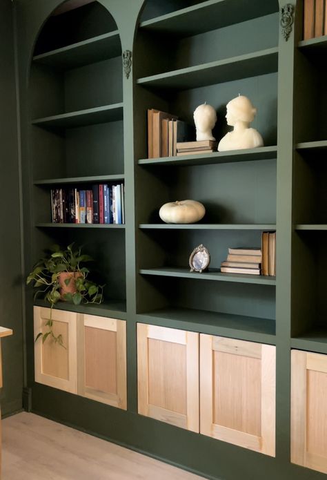 DIY Shaker Cabinet Doors Wall Unit In Bedroom, Adding Cabinet Doors To Bookshelves, Green Living Room Paint, Living Room Paint Colours, Diy Shaker Cabinet Doors, Diy Shaker Cabinets, Diy Shelves Ideas, Inset Hinges, Shaker Cabinet Doors