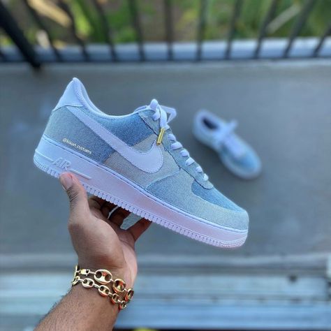 1,763 Likes, 20 Comments - Custom Sneakers and Apparel 👟 (@kiaun_customs) on Instagram: “Custom Denim Air Force 1s. To purchase please click the link in my bio❗️” Bedazzled Shoes, Denim Sneakers, Nike Fashion Shoes, Nike Shoes Girls, Baskets Nike, Jordan Shoes Retro, Sneaker Stores, Custom Denim, All Nike Shoes