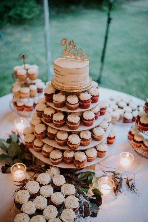 Simple Cake And Cupcakes Wedding, Wedding Cake With Mini Cupcakes, Tiered Cake With Cupcakes, Cupcake Tiered Cake, Cupcake For Wedding Reception, Wedding Cupcakes And Small Cake, Wedding Desserts Cupcakes, Cake And Cupcake Stand Wedding, Small Cake And Cupcake Display