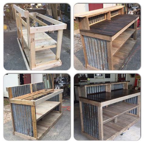 Cash wrap from beginning to end using pallets and salvaged tin Camping Bar, Counter Ideas, Cash Wrap, Retail Counter, Diy Home Bar, Pallet Bar, Backyard Bar, Shop Counter, Diy Bar