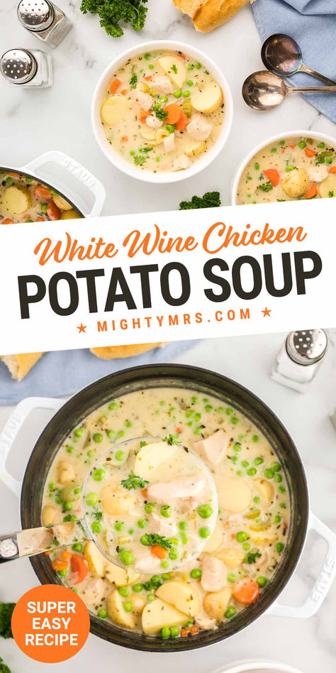 White Wine Chicken Potato Soup Easy Soup Recipes Broth, Crock Pot Chicken Potato Soup, Recipes Using Chicken Broth, Creamy Chicken Vegetable Soup, Broth Soup Recipes, Soft Potatoes, Chicken Potato Soup, Thermos Lunch, Chicken Vegetable Soup