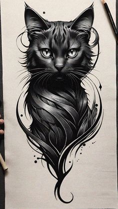 Cat Anime Drawing, Anime Drawing Guide, A Cat Tattoo, Cat Portrait Tattoos, Cat Tattoo Design, Cat Tatto, Black Cat Tattoos, Realistic Portrait, Cat Tattoos