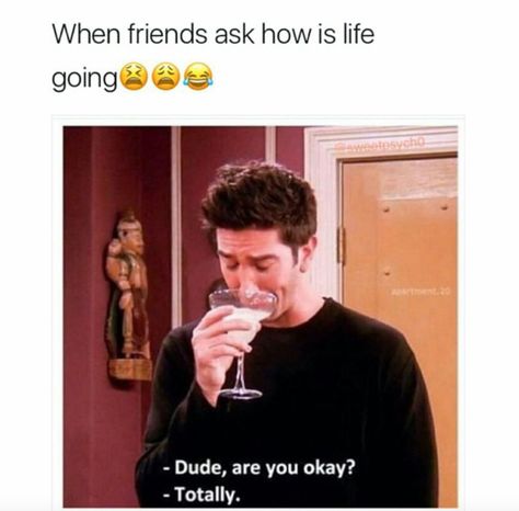 The one where you were totally okay. Like totally.- CosmopolitanUK Friends Moments, Big Mood, Are You Okay, Tv Quotes, Friends Tv Show, Friends Tv, Playlist Covers, Movie Quotes, The Words