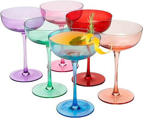 Amazon.com | Colored Coupe Glasses - Martini, Cocktail & Champagne Glasses 7oz | Set of 6 | Cute & Colorful Pastel Colored Crystal Cocktail Glassware, Fun Classic Goblet Cocktails Glass, Stemmed Ripple Glassware: Martini Glasses Speakeasy Style, Champagne Martini, Colorful Cocktails, Cocktail Glassware, Colored Glassware, Classic Cocktail, Martini Glasses, Vodka Cocktails, Wine Glass Set