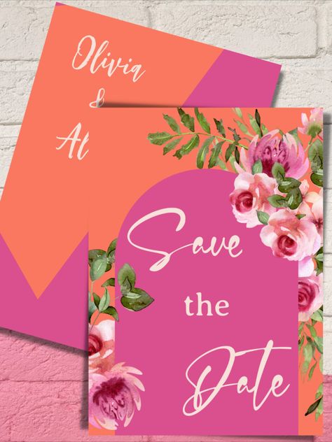 Are you looking to impress your guests with an elegant Save the Date wedding invitation? Look no further! Our beautiful new line of Floral Save the Date Wedding Invitation features vibrant sunset shades of pink and orange, framed in an arched flower motif. With these stunning invitations, your guests will be dazzled before they even arrive! Pink And Orange Boho Wedding, Blush Pink And Orange Wedding, Pink And Orange Invitations, Pink And Orange Wedding Theme, Hot Pink Wedding Invitations, Blank Wedding Invitation Templates, Pink And Orange Wedding, Orange Invitation, Blank Wedding Invitations