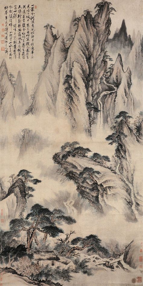 Shitao's Landscape Painting | Chinese Art Gallery | China Online Museum Famous Landscape Paintings, Desert Landscape Painting, Sunset Landscape Painting, Ocean Landscape Painting, Landscape Painting Watercolor, Chinese Poetry, Colorful Landscape Paintings, Modern Landscape Painting, Beautiful Landscape Paintings