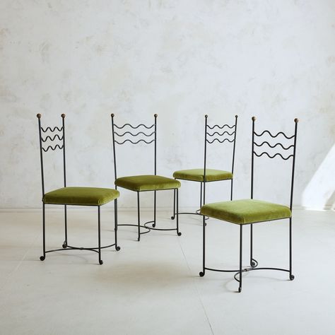 Breaking bread, celebrating, gathering your people all together. Time around the table is a sacred thing.⁠ ⁠ Elegant & delicate, waved squiggles in black iron beautifully back these green velvet dining chairs from France. Shop these and more collectibles for you + your guests at our Link in Bio, or send a DM for details. Iron Dining Chairs, Iron Chairs, French Dining Chairs, Wrought Iron Chairs, Accent Seating, Free Standing Wall, Entry Tables, Velvet Dining Chairs, Table Storage