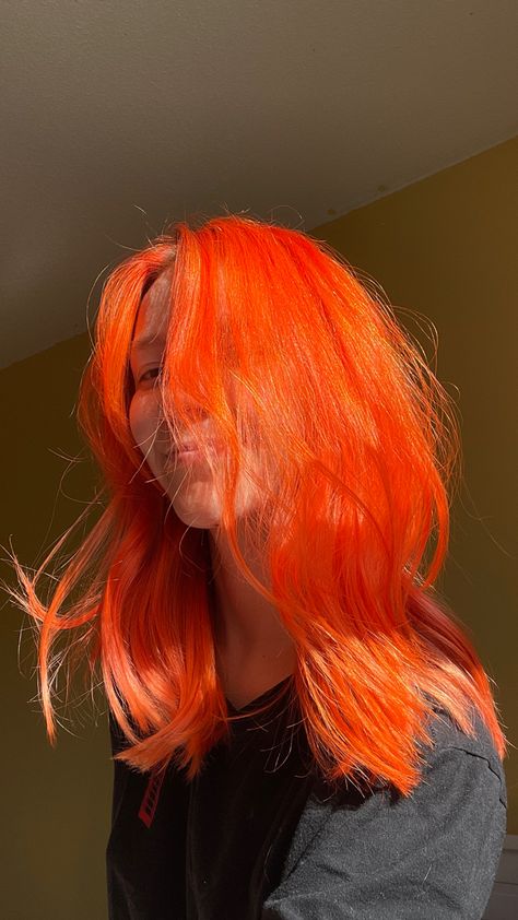 Orange Hair With Yellow Highlights, Neon Orange Hair Color, Bright Orange Hair Aesthetic, Orange And Red Hair Color, Vibrant Orange Hair, Fiery Orange Hair, Fire Color Hair, Orangey Red Hair, Orange Hair Dye Ideas