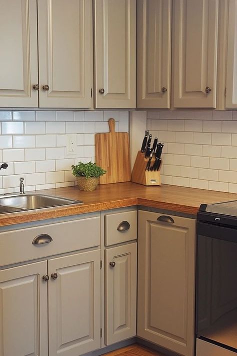 "Elevate your kitchen decor with DIY Painted Cabinets! 🛠️🎨 Perfect for a budget-friendly and stylish update. 🌟✨ #DIYHome #PaintedCabinetsInspo #KitchenDecor" Small Painted Kitchen Cabinets, Painted Cabinets In Small Kitchen, Repainted Cabinets Kitchen, Townhouse Decorating Kitchen, Painted Wooden Kitchen Cabinets, Kitchen Remodel Painted Cabinets, Old Kitchen Cabinets Painted, How To Reface Kitchen Cabinets Diy, Diy Kitchen Makeover On A Budget