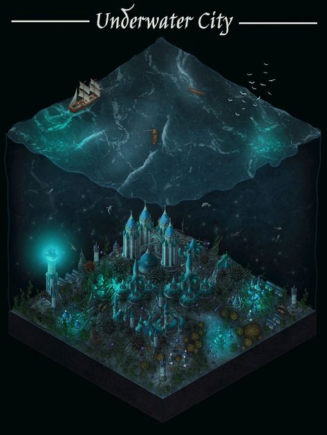 Underwater City Concept Art, City Under The Sea, Realistic Minecraft, Underwater Kingdom, Cityscape Drawing, City Collage, Mural Inspiration, Dnd World Map, Pirate Ships