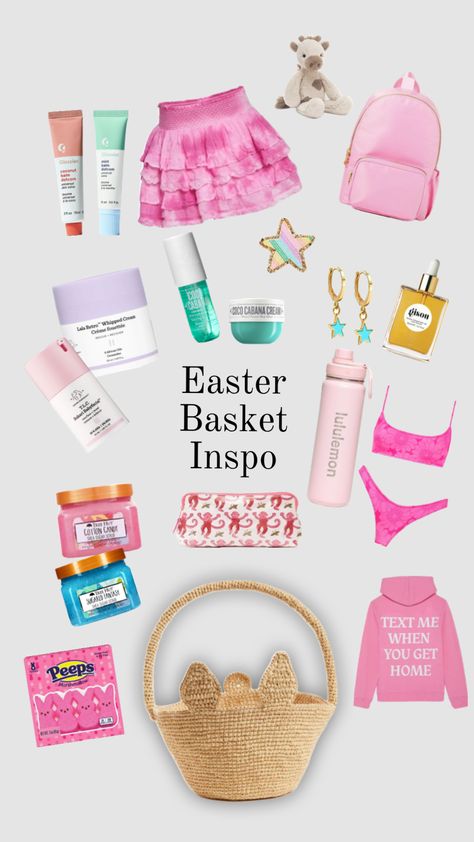 preppy easter egg basket inspo! (this definitely is not a realistic version) 👼💕 Preppy Easter Basket Ideas, Preppy Birthday Basket, Preppy Gift Basket, Aesthetic Easter Basket, Preppy Easter Basket, Easter Wishlist, Easter Baskets For Teens, Cute Easter Basket Ideas, Cute Easter Baskets