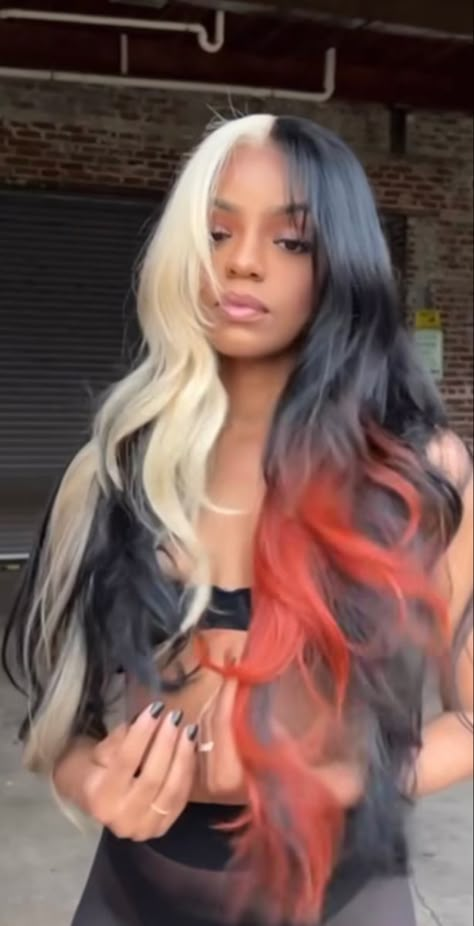 Pretty Hairstyles Black Women, Roots Colored Hair, Alt Colored Hair, Split Dye Red And Black, Multi Colored Hair Highlights, Split Dyed Bangs, Colored Roots With Black Hair, Long Dyed Hair, Short Colorful Hair