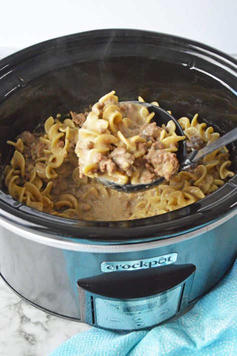 This easy to make Crockpot Ground Beef Stroganoff recipe is a delicious, cozy, comfort food filled with savory beef slow cooked in a decadent creamy sauce served over tender noodles. It’s a flavorful and hearty meal that's guaranteed to be a family favorite. Crockpot Ground Beef Stroganoff, Crockpot Recipe Using Ground Beef, Ground Beef Stroganoff Recipe, Crockpot Ground Beef, Ground Beef Crockpot Recipes, Slow Cooker Ground Beef, Beef Stroganoff Crockpot, Beef Stroganoff Recipe, Beef Stroganoff Easy