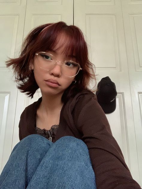 Bangs For Glasses, Glasses Bangs, Autumn Color Palette Fashion, Glasses Inspiration, Non Binary People, Peach Hair, Dyed Red Hair, Hair Inspiration Short, Japanese Hairstyle