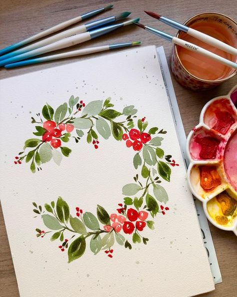 Acrylic Wreath Painting, Christmas Watercolor Wreath, Wreaths Tutorial, Christmas Wreath Watercolor, Wreath Painting, Watercolour Wreath, Watercolor Christmas Wreath, Watercolor Tubes, Watercolor Christmas Cards Diy