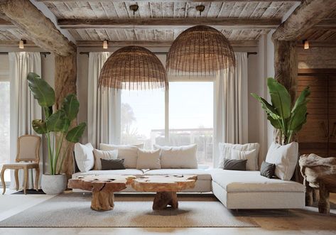 Think rustic, and you might imagine a wooden ski lodge or historic, half-timbered home. Rustic design doesn’t have to involve chunky, dark timber, thick lines Diy Boho Lampshade Ceiling Lights, Tulum Living Room Decor, Living Room Designs Natural, Tulum Inspired Living Room, Tulum Style Decor, Tulum Living Room, Interior Design With Wood, Bali Living Room, Tulum Interior Design