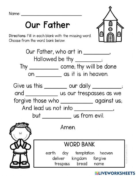 Sunday School Worksheets, Catholic Kids Activities, Prayer Poster, Bible Crafts Sunday School, Bible Worksheets, Sunday School Coloring Pages, Our Father Prayer, Bible Activities For Kids, The Lord's Prayer