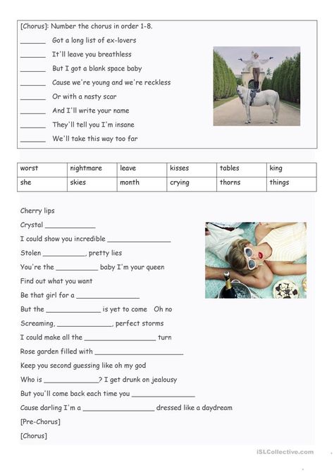 Blank Space by Taylor Swift - English ESL Worksheets for distance learning and physical classrooms Probably Listening To Taylor Swift, Taylor Swift Listening Party Ideas, Taylor Swift Activity Sheet, Taylor Swift Worksheet, Taylor Swift Birthday Activities, Taylor Swift Activities, Taylor Swift Club, Exercise For Students, 13th Birthday Party Ideas For Teens