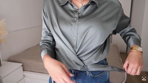 Silk Shirt Outfit Ideas: 7 Ways to Style, Tuck & Tie Your Button-Down | Upstyle How To Tie A Silk Shirt, Oversized Silk Blouse Outfit, Dress Up A Button Down Shirt, Tuck In A Button Up, How To Wear Silk Shirt, Oversize Silk Shirt Outfit, How To Tuck In Button Down Shirt Women, How To Style A Silk Button Up, Tucking In Shirts How To Button Up