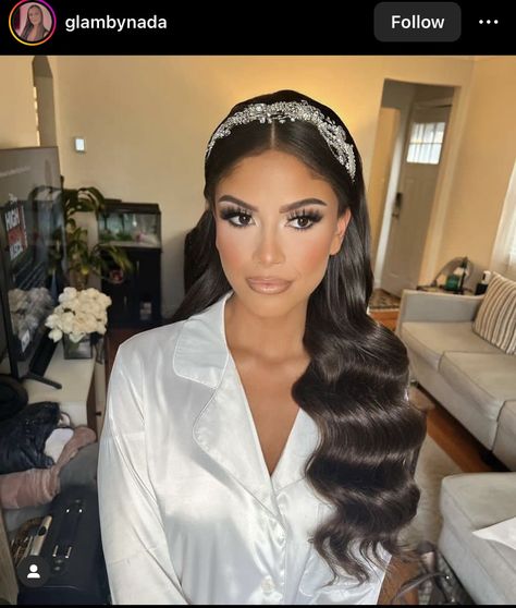 Glamorous Bridal Hair, Bride Hair Down, Glam Bride Makeup, Bridal Hair Down, 20 Makeup, Wedding Hair Headband, Hollywood Hair, Bridal Hair Inspiration, Bridal Studio