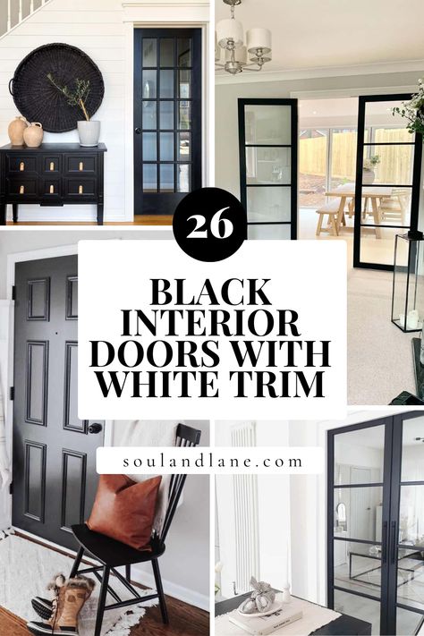 Make a statement in your home with these black interior doors paired with white trim, creating a bold and timeless contrast. From sleek modern designs to classic aesthetics, these ideas will elevate your interior spaces. Door Trim Ideas Interior Modern, Black Painted Interior Doors White Trim, White Trim Black Doors Interior, Black French Doors Interior Office, Black Interior Doors With White Trim, White Walls Black Doors, Black Moldings And Trim, Interior Black Doors, Black French Doors Interior