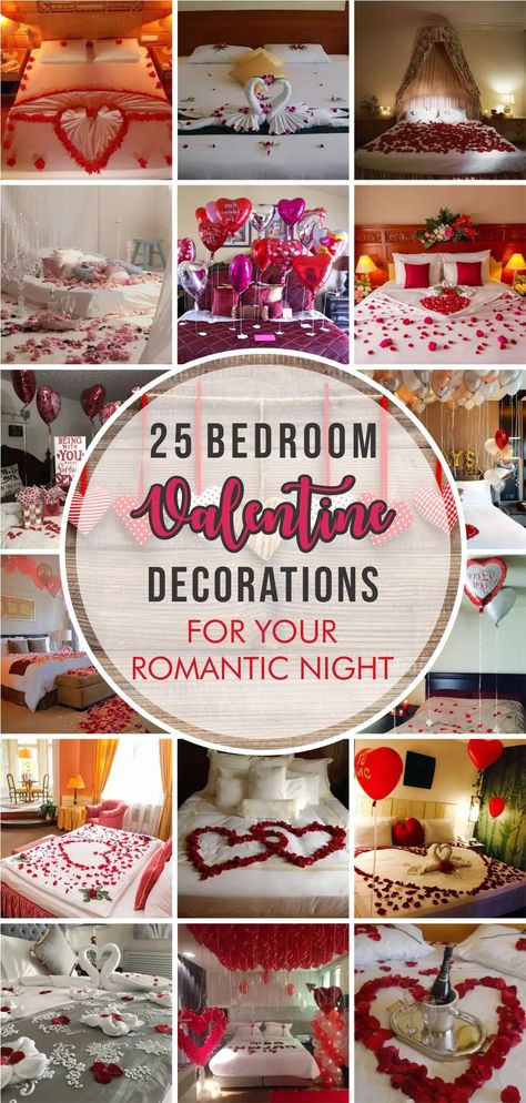 25 Bedroom Valentine Decorations for Your Romantic Night - Matchness.com Romantic Bedroom Ideas Suprise, Romantic Bedroom Set Up, Romantic Room Set Up, Romantic Bedroom Ideas For Couples Love, Romantic Bedroom Ideas For Him Birthday, Honeymoon Suite Decorations, Romantic Set Up At Home, Romantic Bedroom Ideas For Couples Decoration, Valentine Room Decor