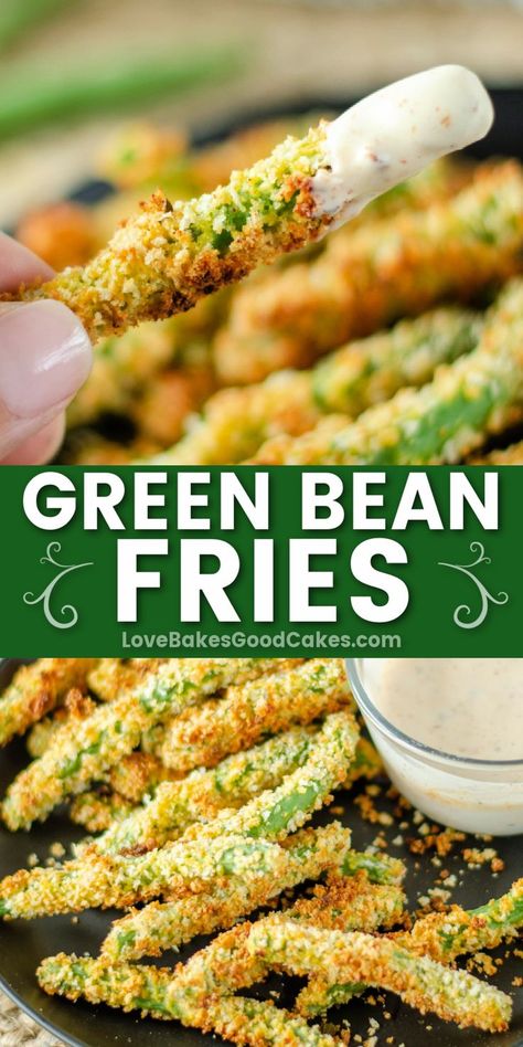 Green Bean Fries pin collage Green Bean Fries, Bean Snacks, Fried Green Beans, Healthy Vegetable Recipes, Vegan Side Dishes, Side Dish Recipes Easy, Fries Recipe, Green Bean Recipes, Veggie Side Dishes