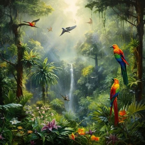 Image Free Download | A painting of the Amazon rainforest with lush trees, colorful birds and exotic plants, surrounding blur, Jurassic, 4K, high resolution Rainforest Painting, Rainforest Pictures, Rainforest Art, Rainforest Birds, Jungle Painting, Magical Paintings, Rainforest Plants, Game Zone, Jungle Scene