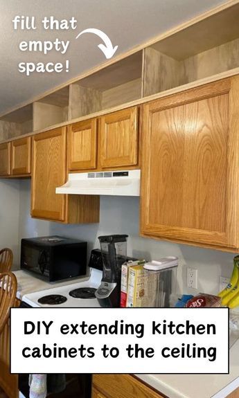 We turned that empty space above the cabinets into the ultimate kitchen storage solution! With this genius kitchen hack, you can extend your cabinets to the ceiling. It's perfect for a modern, organized kitchen makeover on a budget.   home diy | diy kitchen cabinets | diy kitchen renovation Diy Extending Cabinets To Ceiling, Kitchen Cabinet Fronts Diy, Add Storage Above Kitchen Cabinets, Uneven Cabinets In Kitchen, Kitchen Cabinets With Brown Floors, Close Space Above Kitchen Cabinets, Adding Cabinets Above Cabinets Kitchen, Adding Extra Cabinets In Kitchen, Diy Kitchen Cabinet Shelves