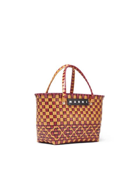 Orange and burgundy East-West MARNI MARKET shopping bag in woven polypropylene Bayong Bag, Oval Bag, Marni Market, Basket Weaving Patterns, Marni Bag, Brand Ideas, Market Shopping, Weaving Patterns, Market Bag