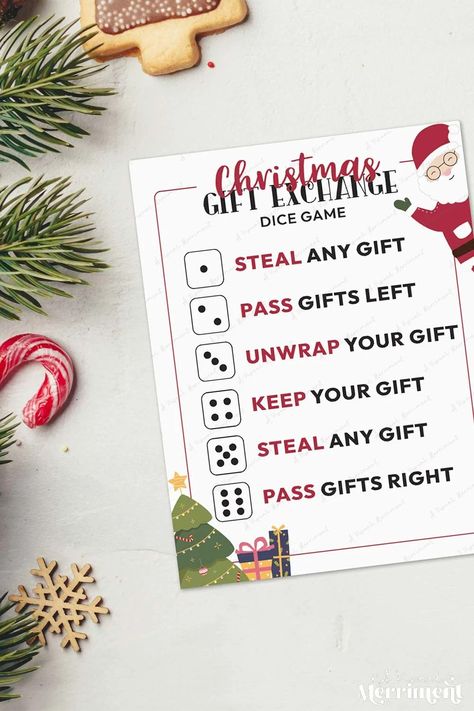 A Christmas gift exchange game will add an extra layer of fun and excitement to your family gathering. Today, I have the perfect free printable to help you! You may know this gift exchange game with dice as the White Elephant gift exchange, Yankee Swap or the Dirty Santa game. Download your festive fun now at A Visual Merriment! | Xmas Games | Holiday Games | Printable Christmas Games | Christmas Gift Exchange Games | Christmas Activities | Fun Christmas Party Games #christmas #game #printable Dirty Santa Gift Exchange, Gift Exchange Dice Game, Gift Exchange Dice, Christmas Eve Games, Gift Exchange Ideas, Gift Exchange Game, Family Gift Exchange, Christmas Gift Exchange Games, Christmas Gift Games