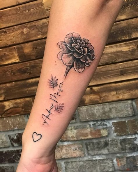 Marigold And Rose Flower Tattoo, October Baby Tattoo Ideas, Rose And Marigold Tattoo, October Flower Tattoo, Marigold And Cosmos, Marigold Flower Tattoo, Marigold Tattoo, Cosmos Tattoo, Baby Tattoo