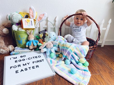 Spring Baby Milestone Picture, Easter Milestone Pictures Boy, January Picture Ideas, Baby Boy First Easter Pictures, Easter Monthly Baby Picture, First Easter Ideas Baby Boy, My First Easter Photoshoot, 5 Month Baby Picture Ideas, Easter Milestone Pictures