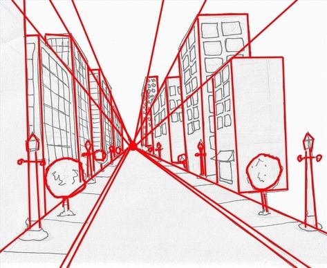 One Vanishing Point Perspective, City Art Tutorial, One Vanishing Point Drawing, Drawing Street Sketch, Space Perspective Drawing, Line Perspective Drawing, Space Drawing Perspective, 1point Perspective Drawing, Vanishing Point Drawing