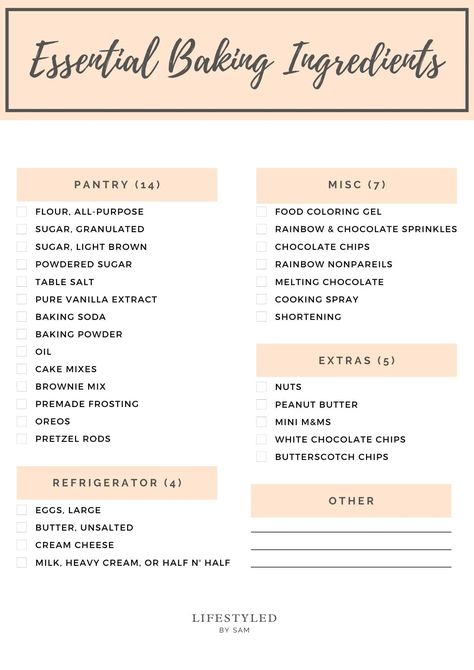 Baking Grocery List, Tools For Baking, Learning To Bake, Baking Starter Kit, Basic Ingredients For Baking, Baking Checklist, Baking Must Haves, Essential Baking Ingredients, Bakery Essentials