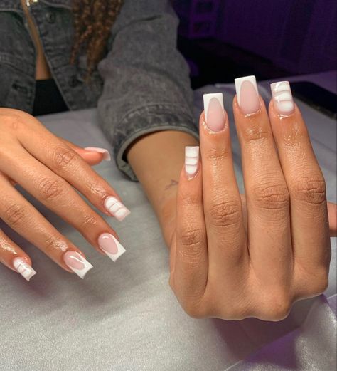 Cute Shirt French Tip Nails, Short V Tip Nails, Square Nails With Glitter, Homecoming Nail Ideas, Medium Short Nails, Plain Acrylic Nails, Tapered Square Nails, Acrylic Nail Set, Hard Nails