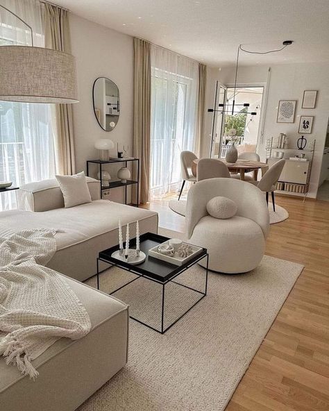 Beige Living And Dining Room, Living Room Designs Cream, Beige And Cream Living Room, Living Room Ideas Beige, Sala Beige, Cream And Beige Living Room, Beige Apartment, Nyc Condo, Minimalist Bloxburg