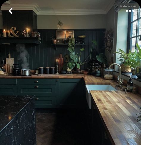 Green And Black House Interior, Dark Green Kitchens, Dark Green House, Green House Ideas, Black House Interior, Moody Kitchen, Dark Green Kitchen, Moody Decor, Attic Apartment