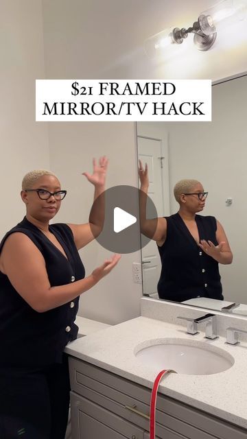 How To Upgrade Bathroom Mirror, What To Put Between Two Bathroom Mirrors, Removing Bathroom Mirror, Trim Mirror Bathroom Diy Frame, Large Bathroom Mirror Ideas Diy Frame, Apartment Bathroom Mirror Makeover, Adding A Frame To A Bathroom Mirror, Plain Mirror Makeover, Diy Apartment Bathroom Makeover