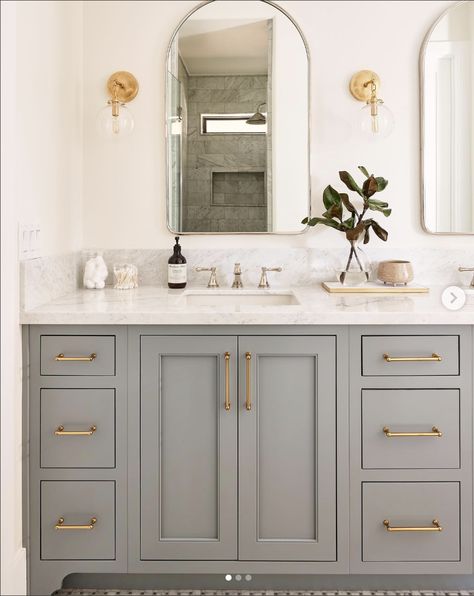 30 Beautiful Grey Bathroom Ideas To Bring A Sense Of Calm Guest Bathroom Painted Vanity, Powder Room With Grey Vanity, Bathroom With Grey Wood Floor, Bathroom Cabinet Colours, Small Bathroom Remodel Gray Vanity, Gray Painted Bathroom Cabinets, Grey Vanity Black Floor, Gray Master Bath Cabinets, Revere Pewter Benjamin Moore Bathroom Cabinets