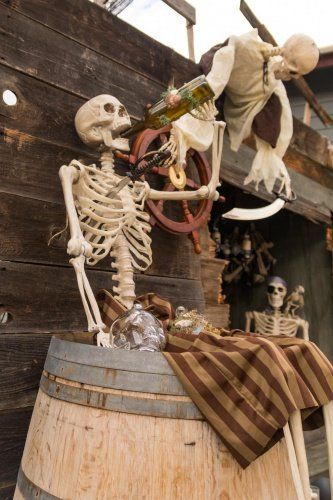 Wife really wanted a drinking skeleton | Halloween Forum Pirate Halloween Decorations, Outdoor Skeleton, Halloween Pirates, Skeleton Drinking, Halloween Forum, Pirate Decor, Pirate Halloween, Skeleton Decorations, Rochester New York