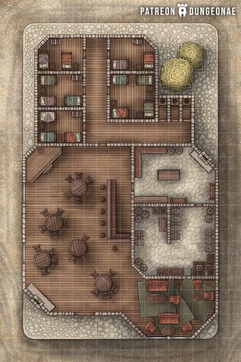 Tavern Maps Dnd, Dnd Maps House, Inn Dnd Map, Bar Battlemap, D&d Tavern Map, Dnd Tavern Map, Tavern Battlemap, Medieval Notebook, Taverna Medieval