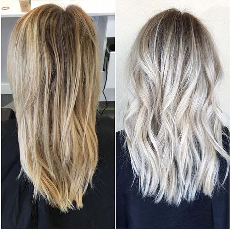 Before and after icy blonde with shadowed roots Habit Salon, AZ Platinový Blond, Blond Cenușiu, Colored Hair Roots, Platinum Hair Color, Ice Blonde, Spring Hair, Ash Blonde Hair, Icy Blonde, Platinum Hair